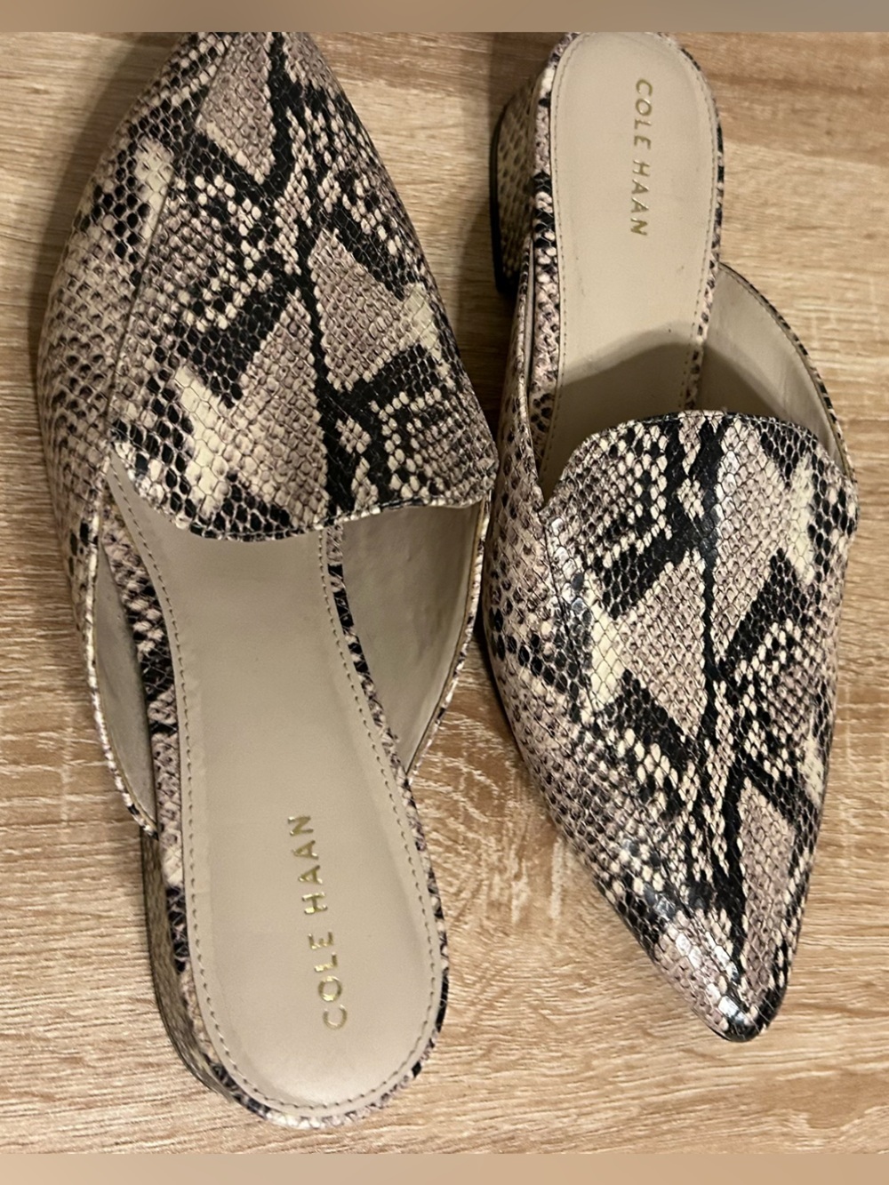 Cole Haan Snake-Print Slip-On Mules in Beige and Black